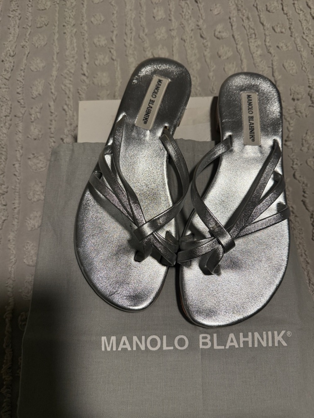 Manolo Blahnik Metallic Silver Knotted Strap Sandals - Size 37